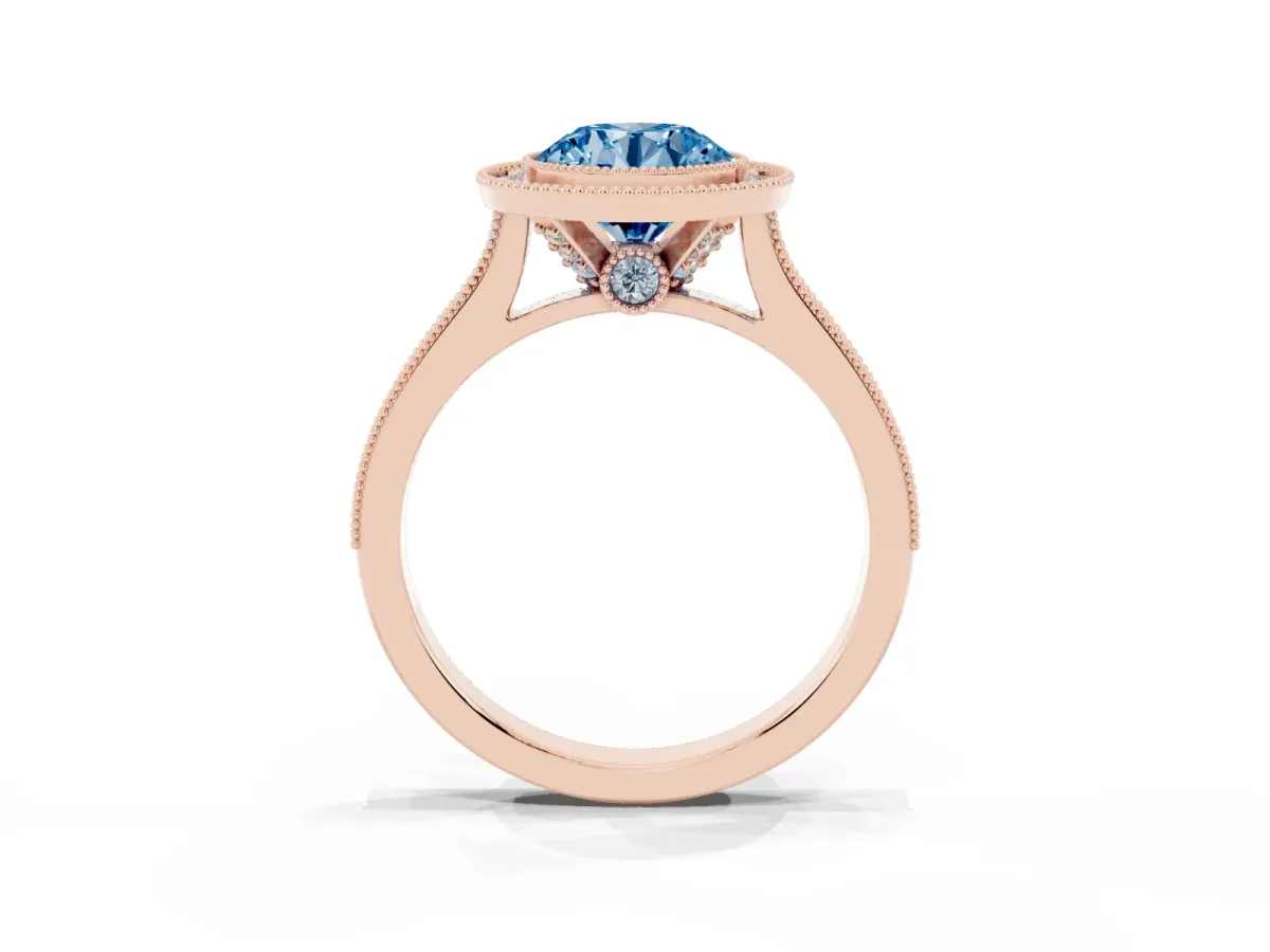 Fancy Blue Halo Round Cut-Cut Diamond Pave Band Milgrain Prong Setting Ring Rose gold