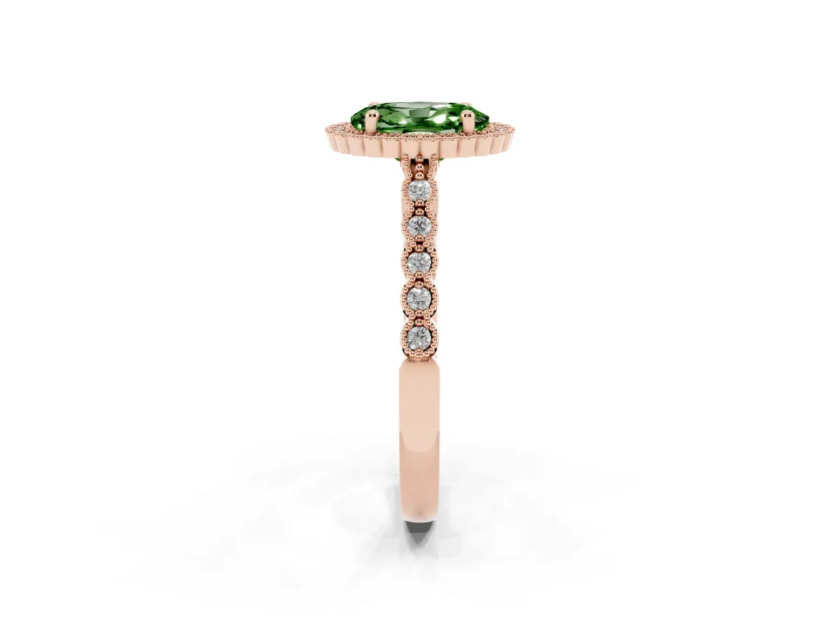 Fancy Green Oval Cut Cut Halo Pavé Solitaire Ring with Milgrain Band Rose gold