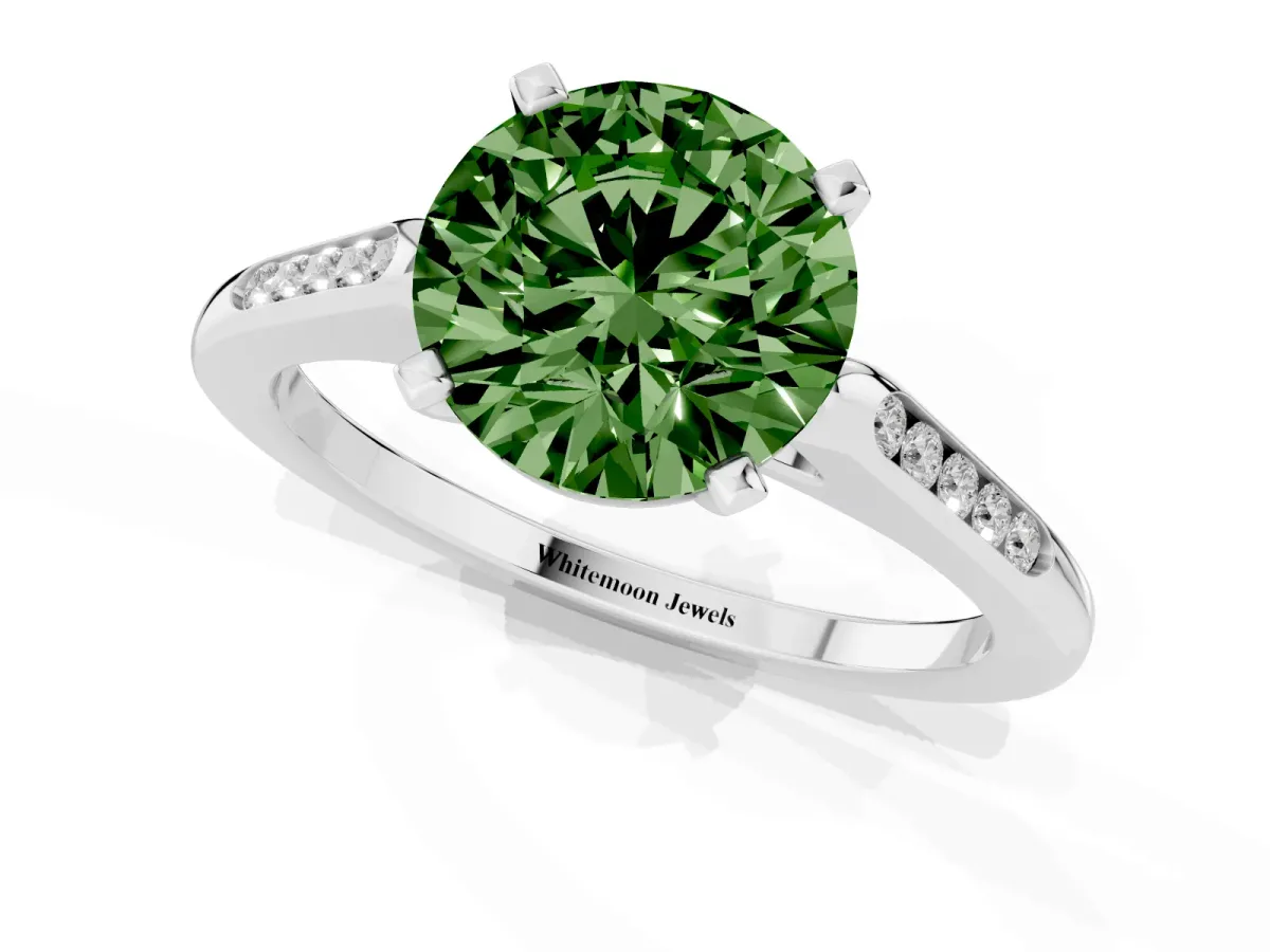 Fancy Green Round Cut Diamond Solitaire Ring with Channel Set Round Band and Prong Setting Silver