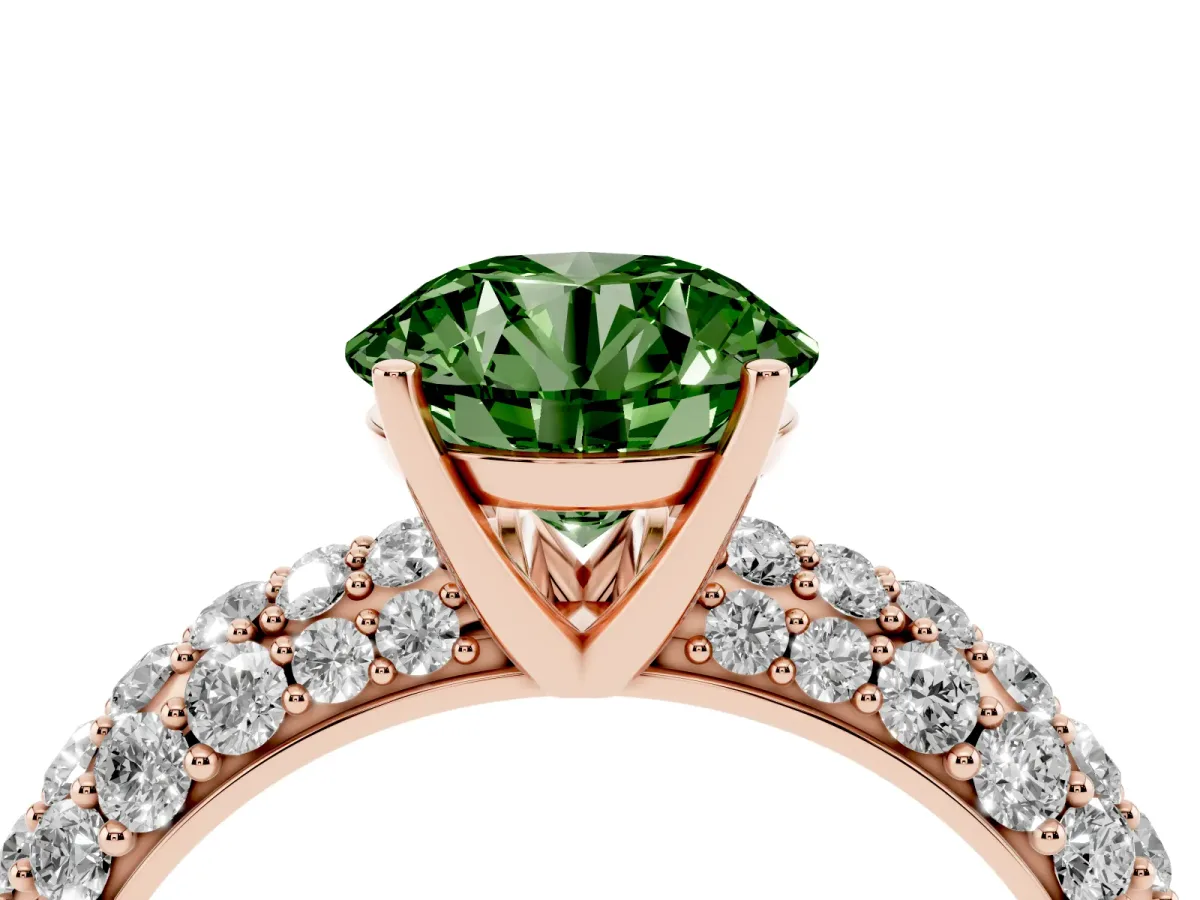 Fancy Green Round Cut Diamond Pavé Band Solitaire Ring with Four-Prong Setting Rose gold