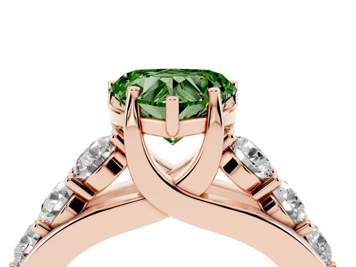 Fancy Green Heart Cut Diamond Engagement Ring with Pavé Band and Four-Prong Setting Rose gold
