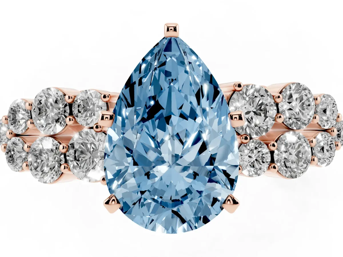 Fancy Blue Pear Cut Cluster Diamond Engagement Ring with Pavé Band and Four-Prong Setting Rose gold