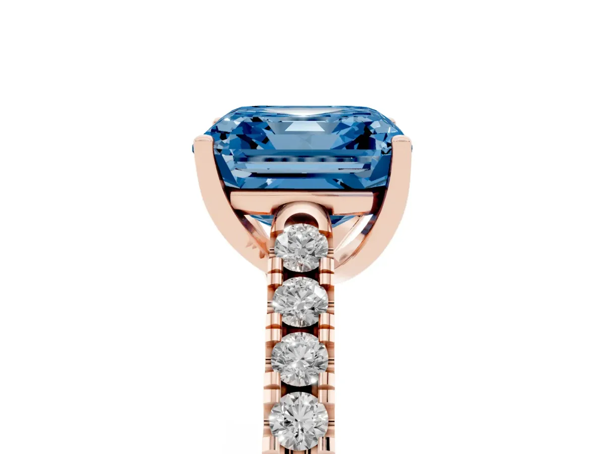 Fancy Blue Asscher Cut Diamond Pavé Band Solitaire Ring with Prong Setting Rose gold