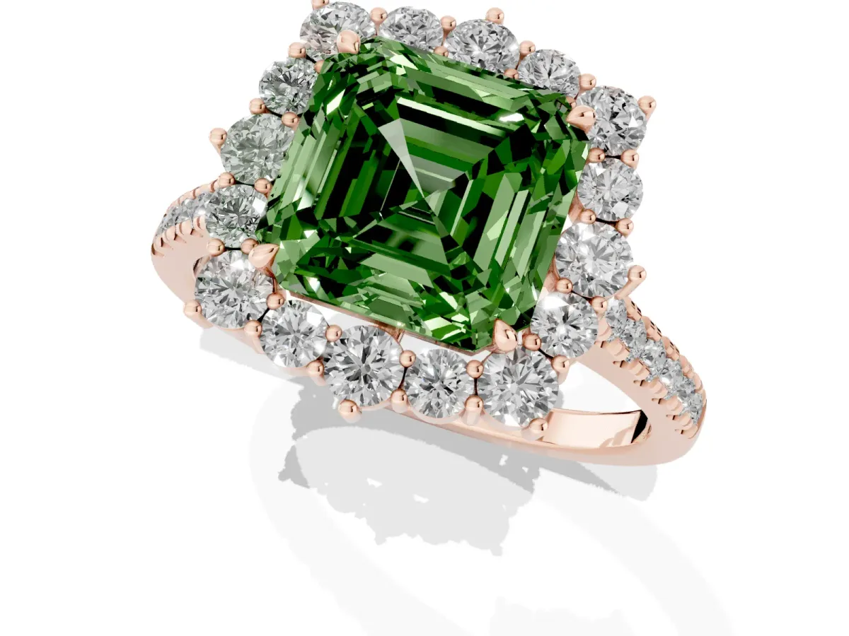 Fancy Green Asscher Cut Halo Diamond Ring with Pavé Band and Prong Setting Rose gold