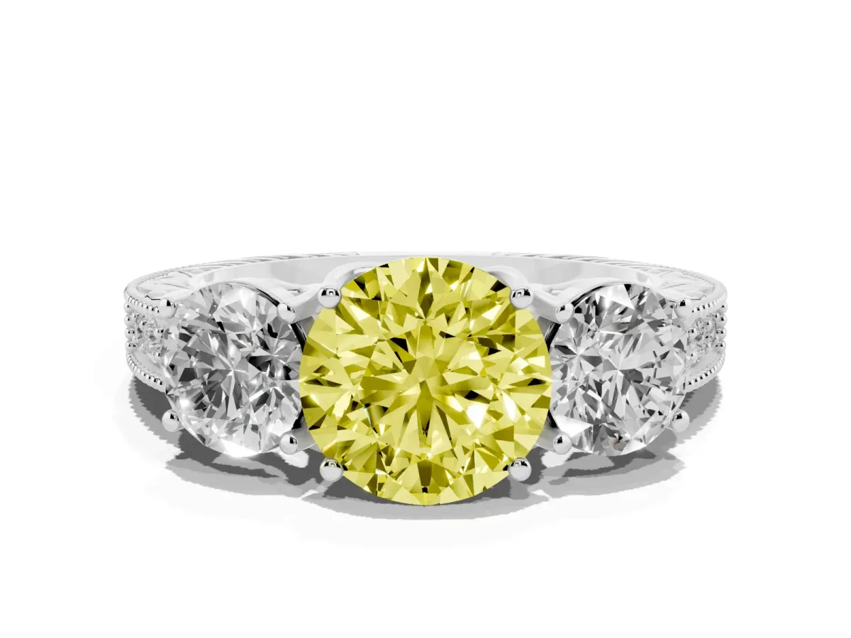 Fancy Yellow Three-Stone Round Cut Cut Milgrain Pavé Engagement Ring White gold