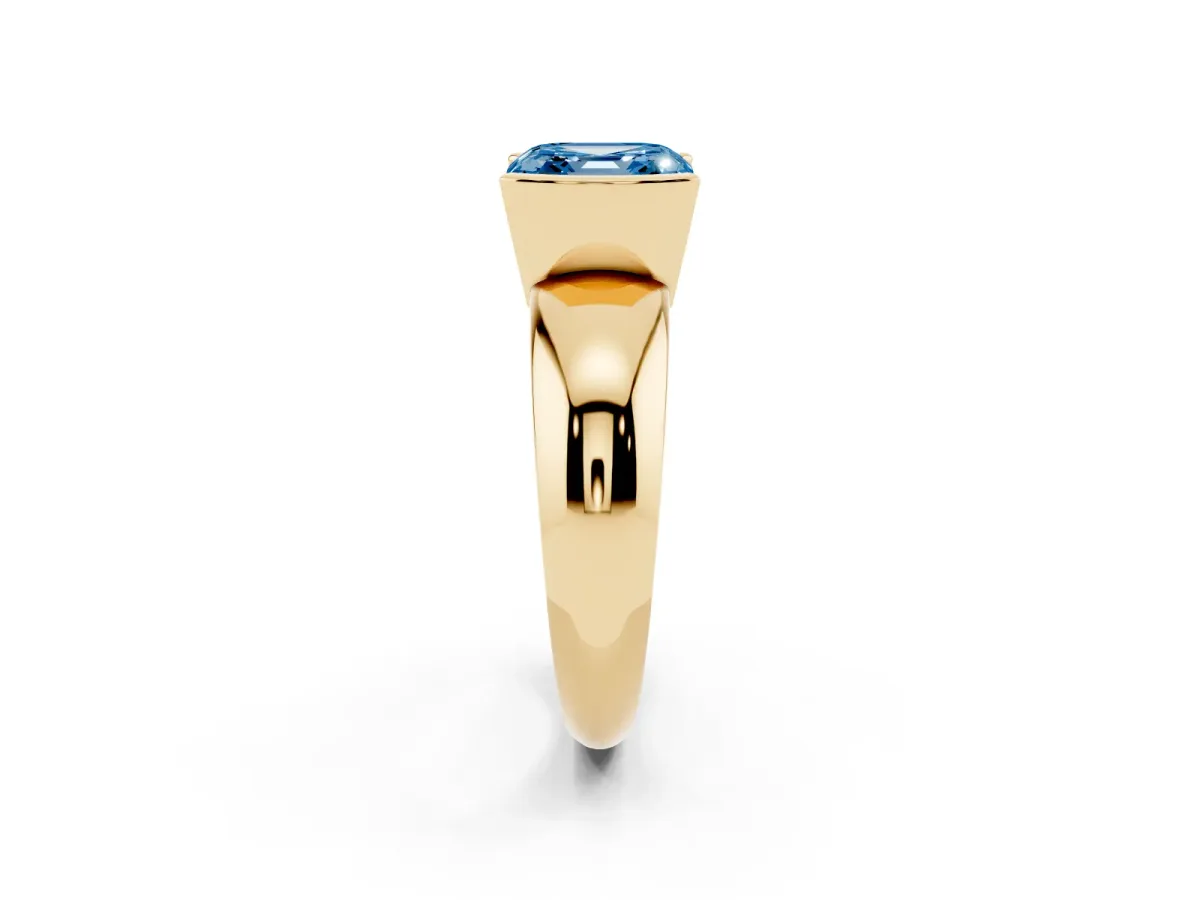 Fancy Blue Asscher Cut Solitaire Tension Set Diamond Ring with Wide Band Yellow gold