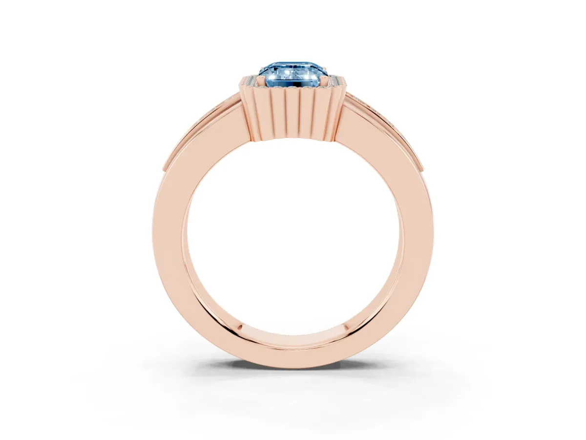Fancy Blue Emerald Cut Cut Halo Pave Band Four-Prong Ring Rose gold