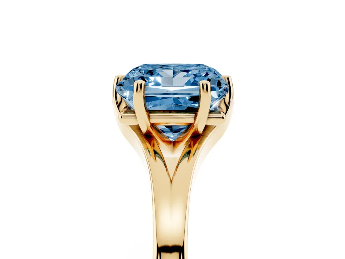 Fancy Blue Princess Cut Solitaire Diamond Ring with Six-Prong Setting and Tapered Band Yellow gold