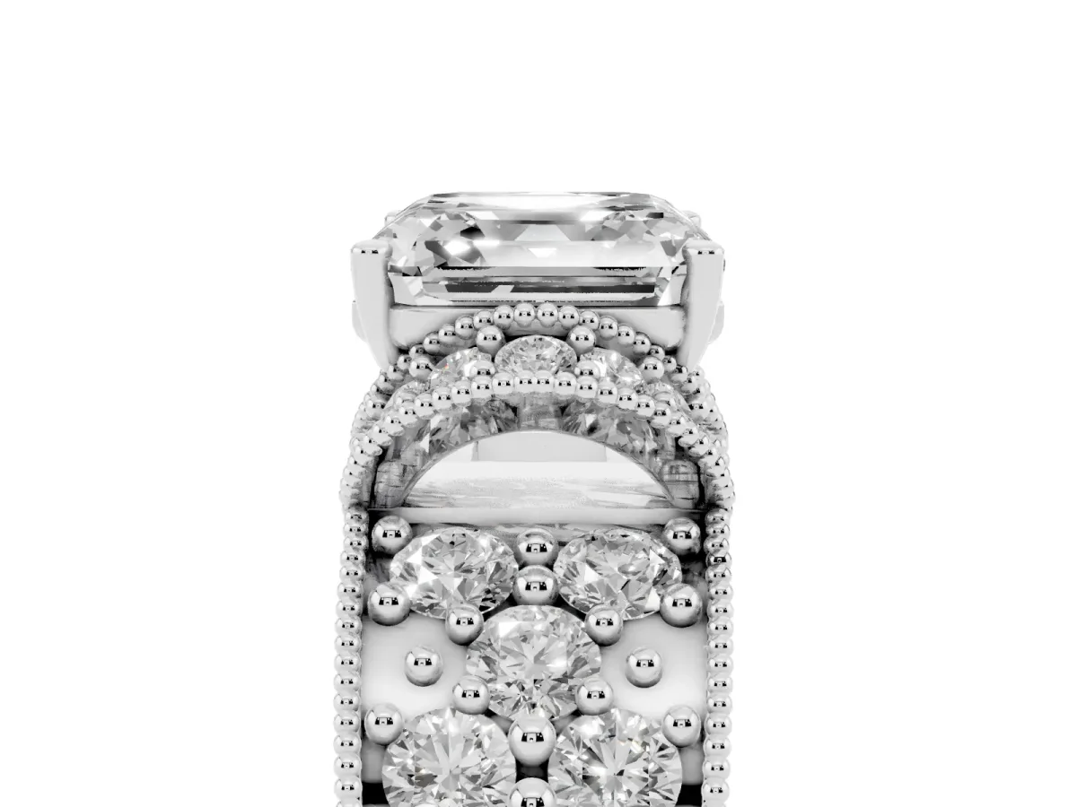 Asscher Cut Halo Pave Diamond Engagement Ring with Milgrain Detailing Silver