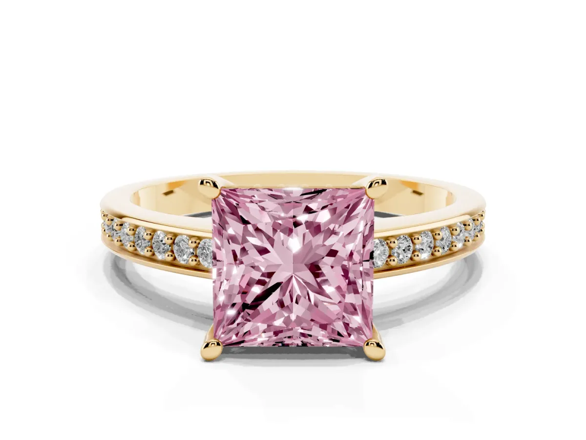 Fancy Pink Princess Cut Solitaire Pavé Band Prong Setting Ring Yellow gold