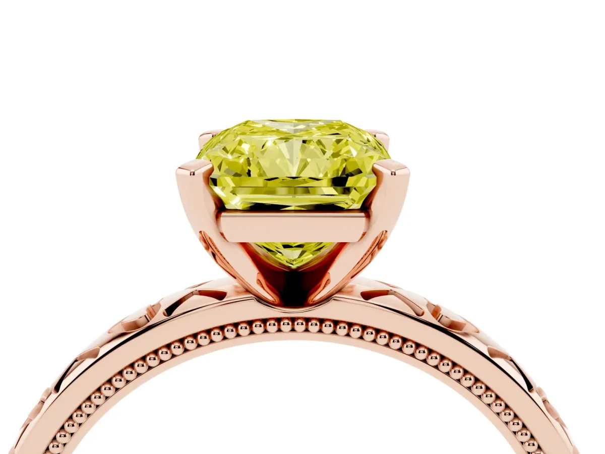 Fancy Yellow Radiant Cut Solitaire Diamond Engagement Ring with XO Engraved Band and Four-Prong Setting Rose gold