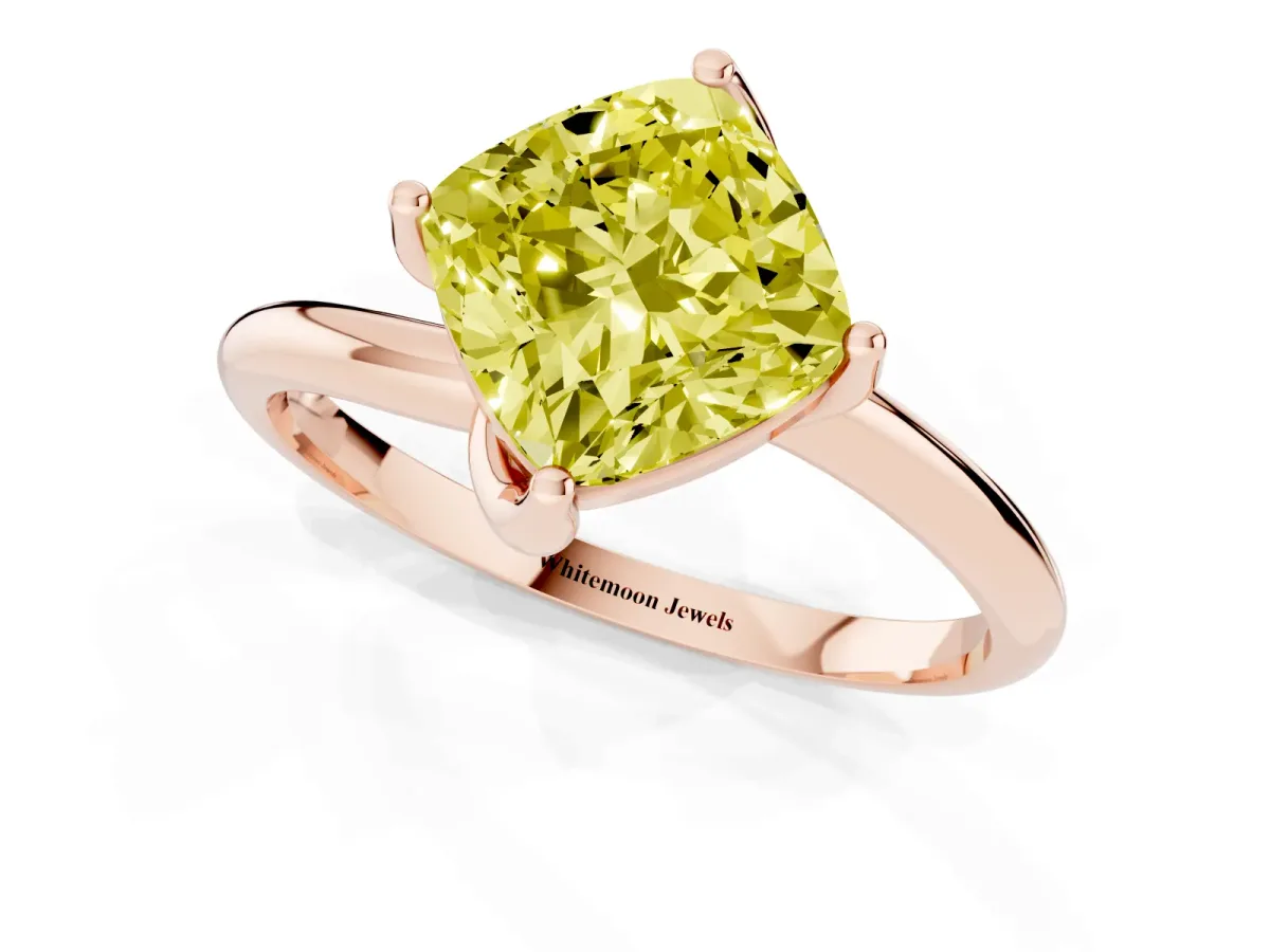 Fancy Yellow Cushion Cut Diamond Solitaire Engagement Ring with Four-Prong Setting and Classic Band Rose gold