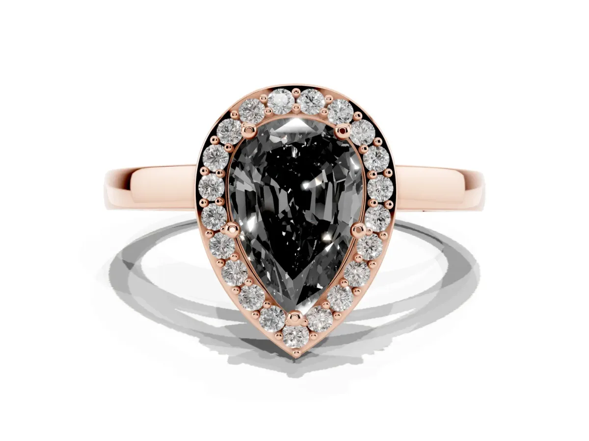 Fancy Black Pear Cut Halo Diamond Ring with Solitaire Band and Prong Setting Rose gold