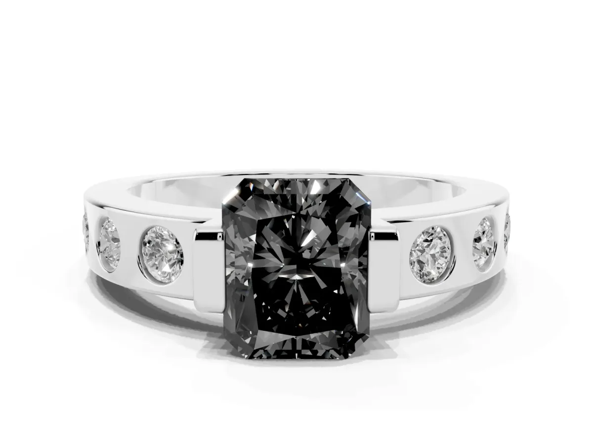 Fancy Black Radiant Cut Brilliant Channel-Set Diamond Ring with Bezel Prong Setting Platinum