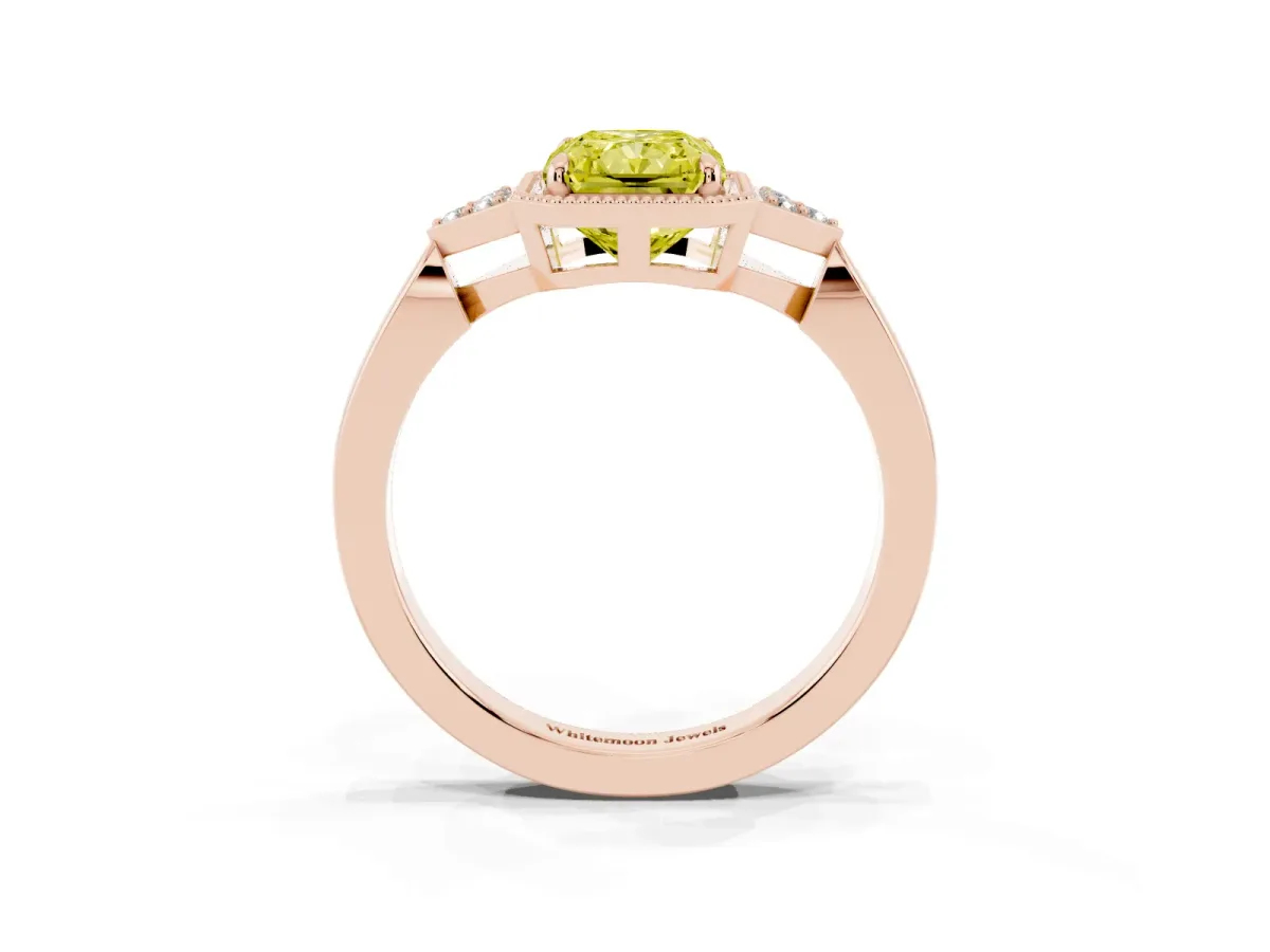 Fancy Yellow Hexagonal Halo Radiant Cut Diamond Solitaire with Pavé Band and Four-Prong Setting Rose gold