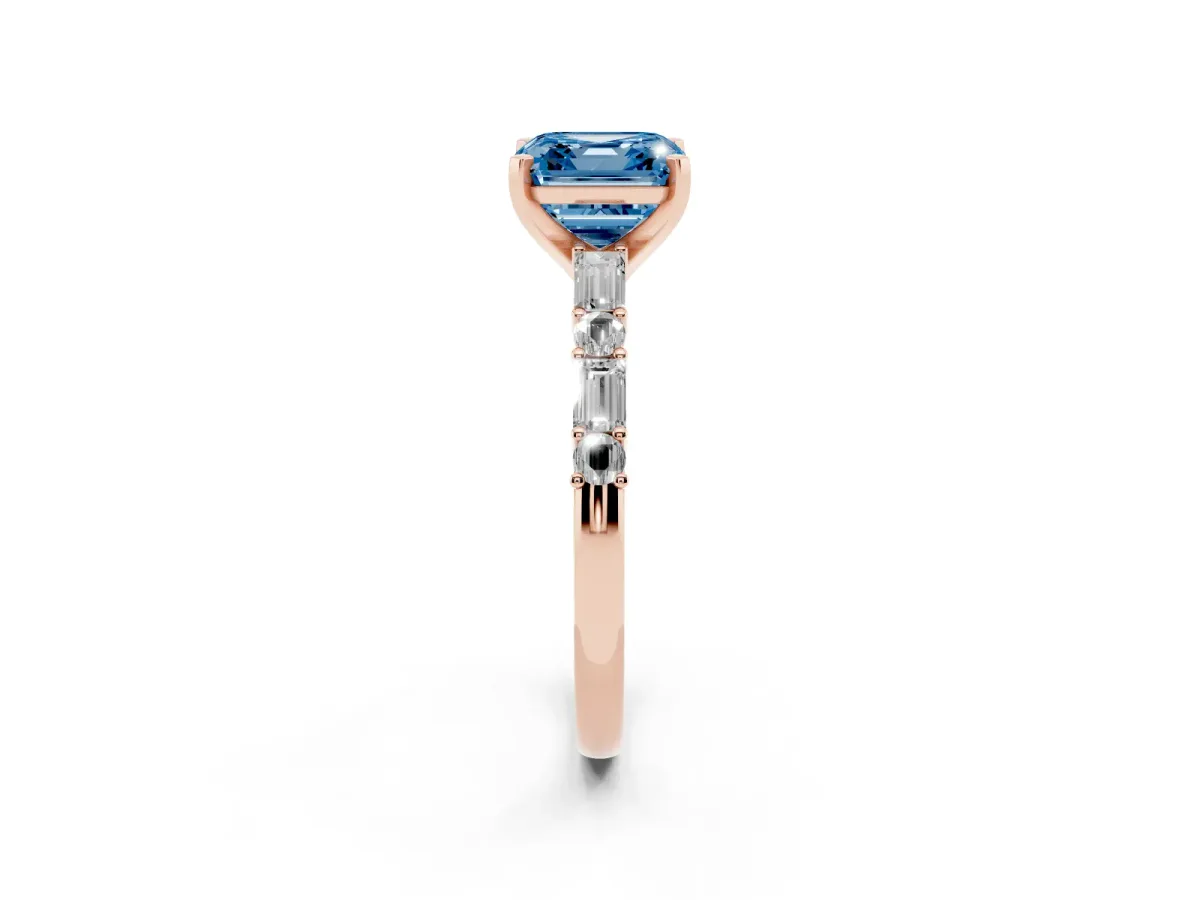 Fancy Blue Asscher Cut Diamond Solitaire with Side Baguettes and Channel Set Band Rose gold