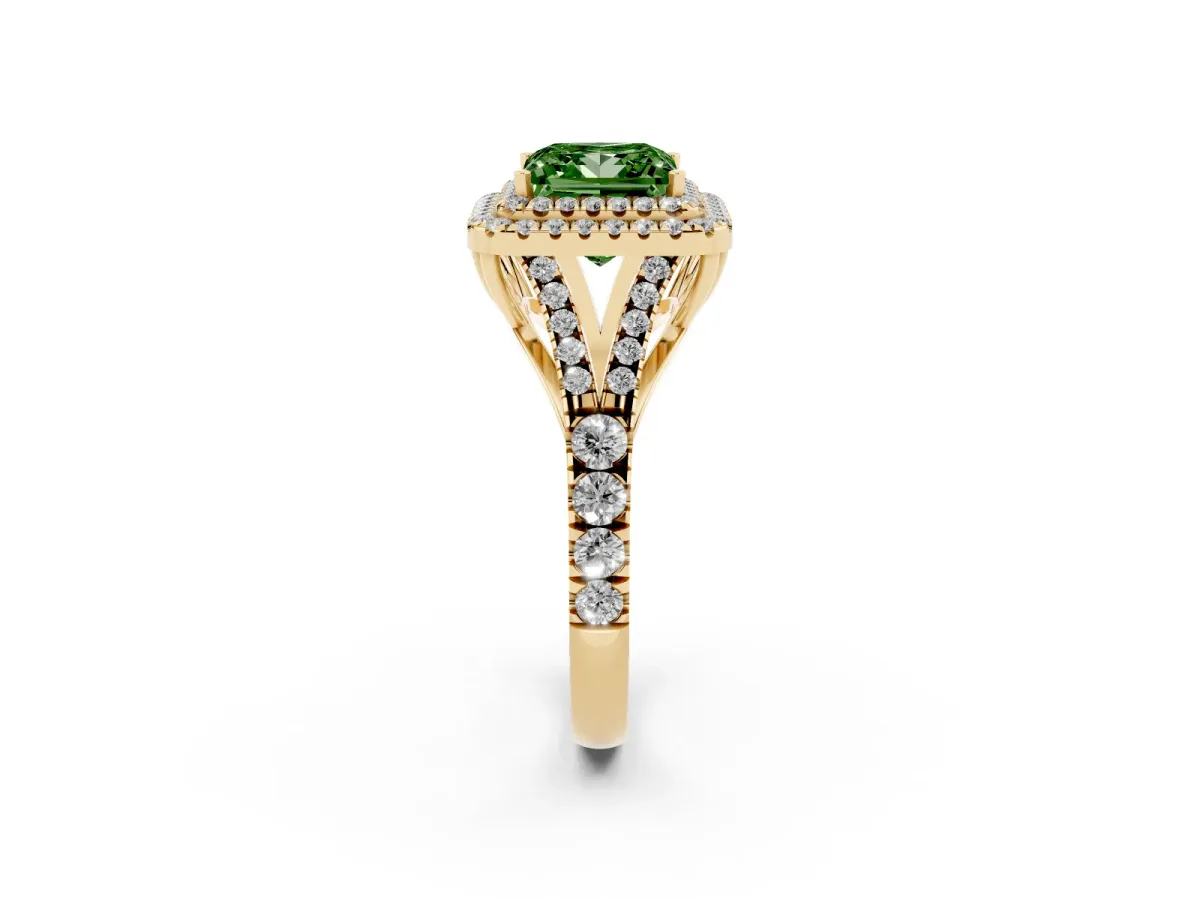 Fancy Green Princess Cut Diamond Double Halo Ring with Split Shank and Prong Setting Yellow gold
