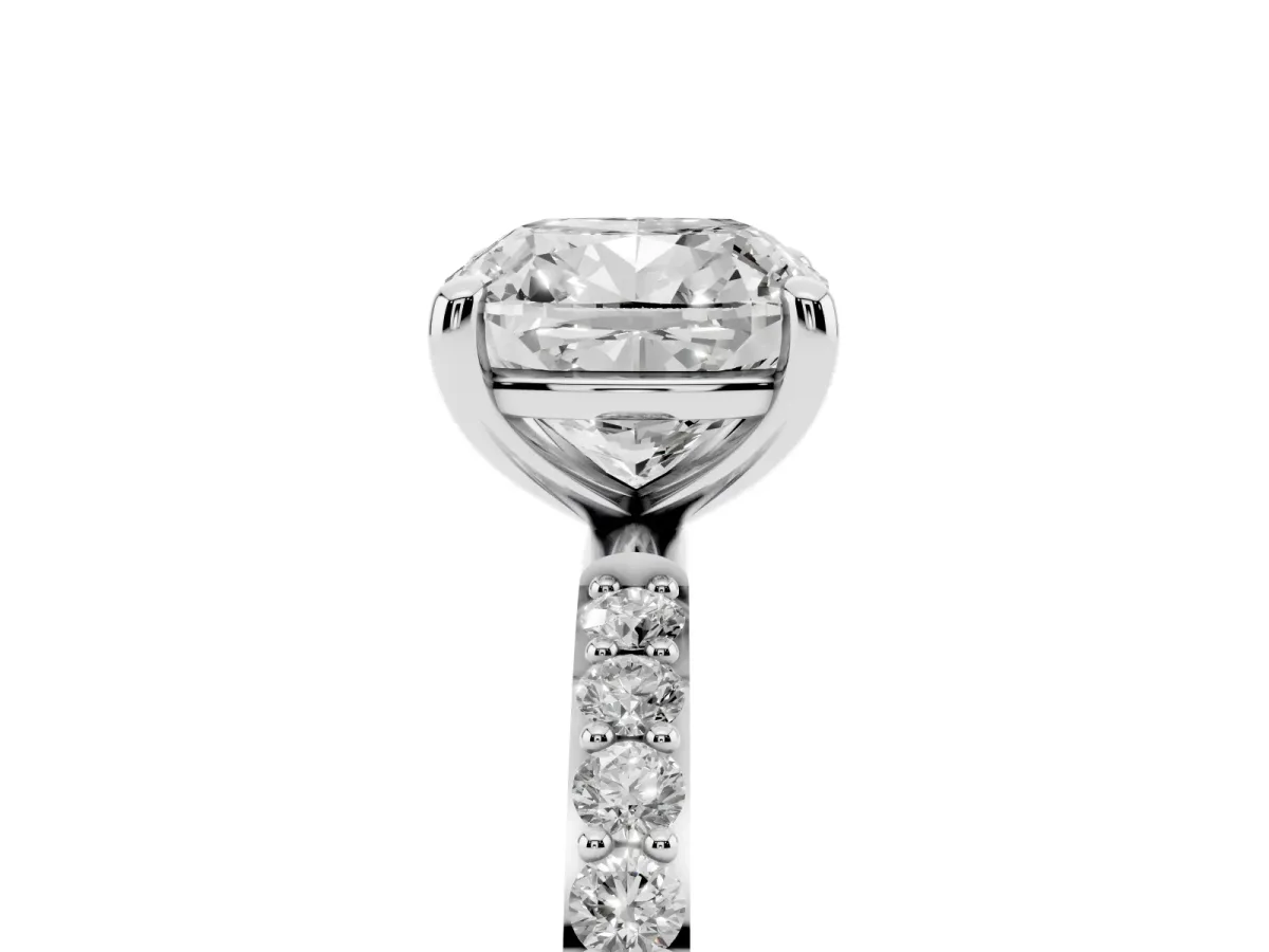 Cushion Cut Diamond Solitaire Ring with Round Pavé Band and Prong Setting Silver
