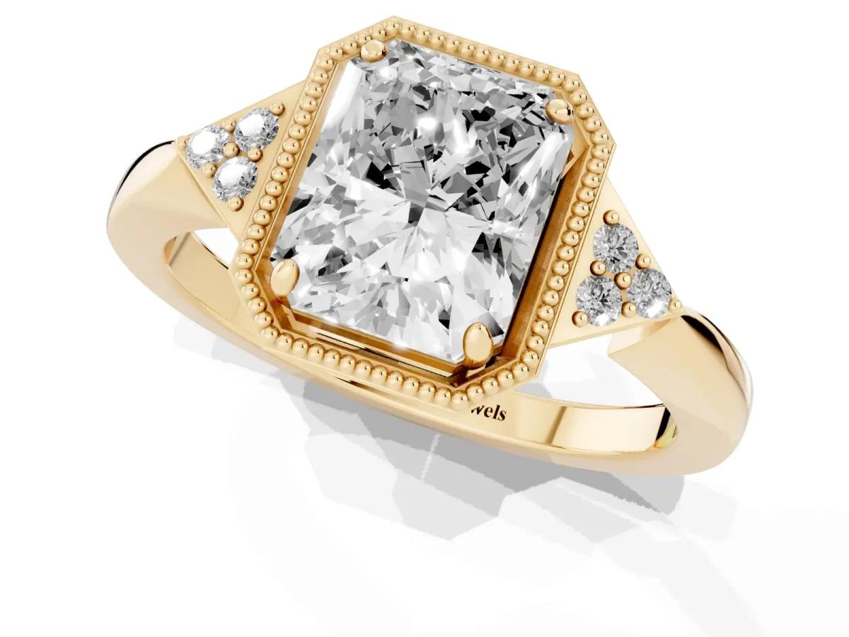 Radiant Cut Diamond Halo Ring with Tapered Band and Four-Prong Setting Yellow gold