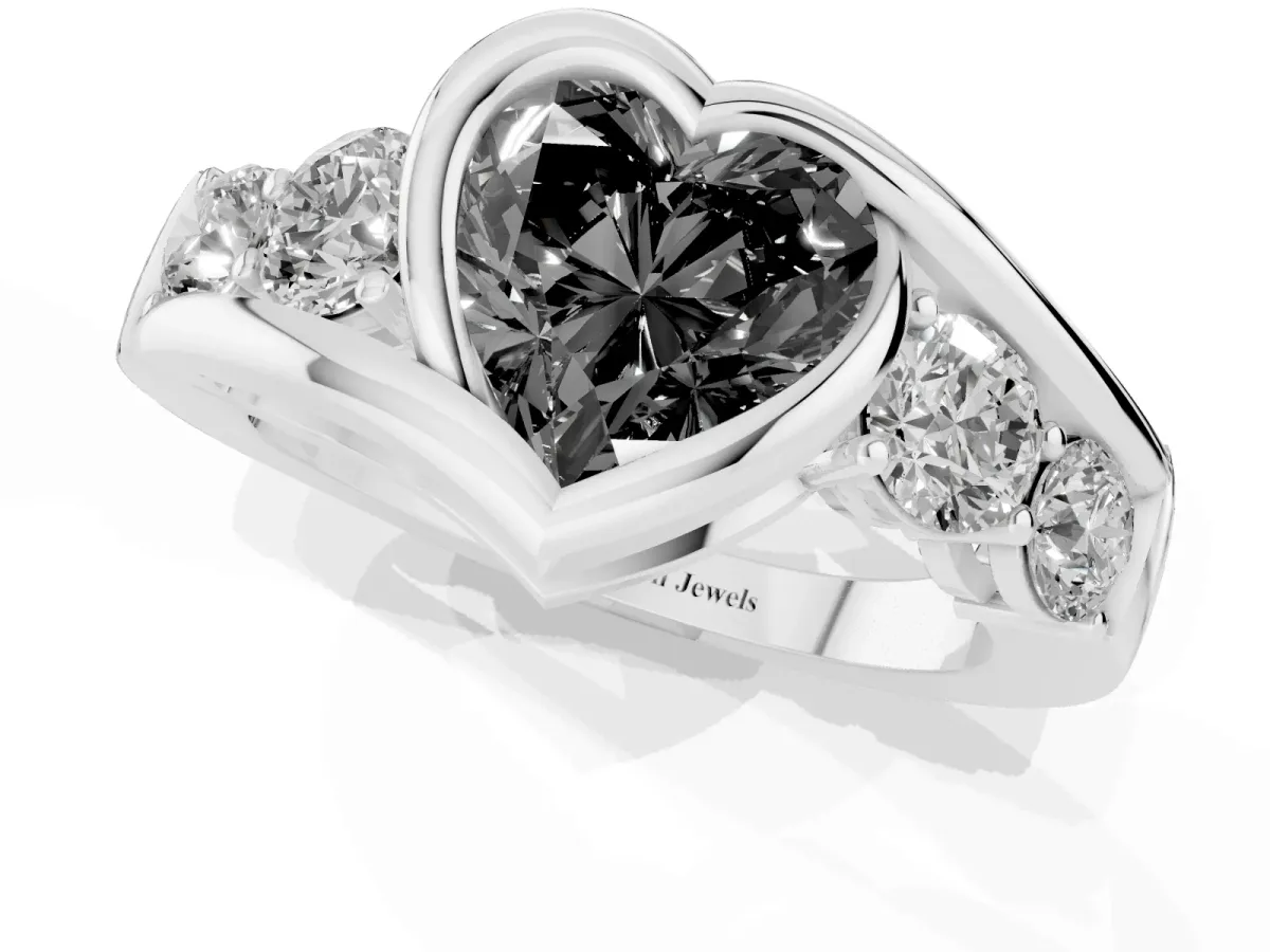 Fancy Black Bezel Set Heart Cut Diamond Bypass Ring with Round Accents Silver
