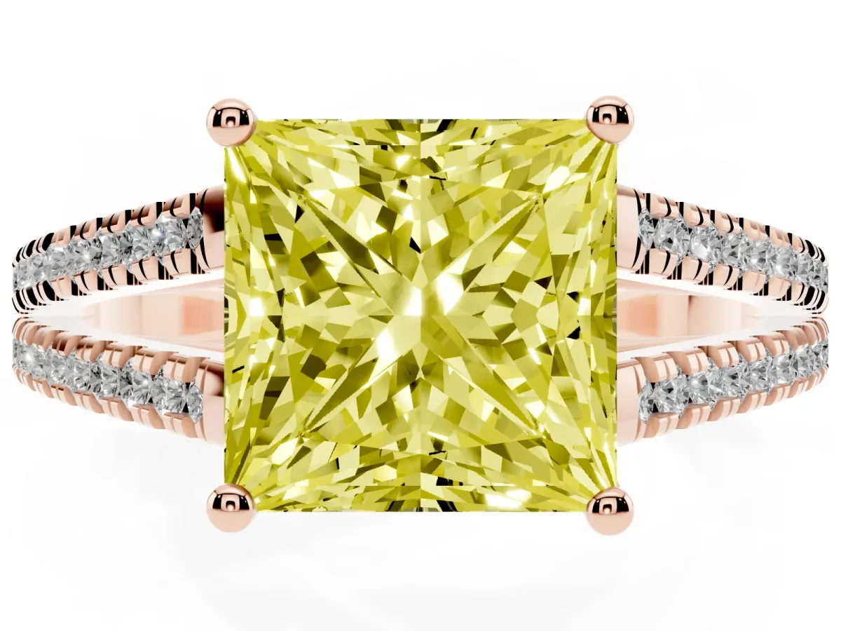 Fancy Yellow Princess Cut Diamond Solitaire Engagement Ring with Split Shank Pavé Band Rose gold