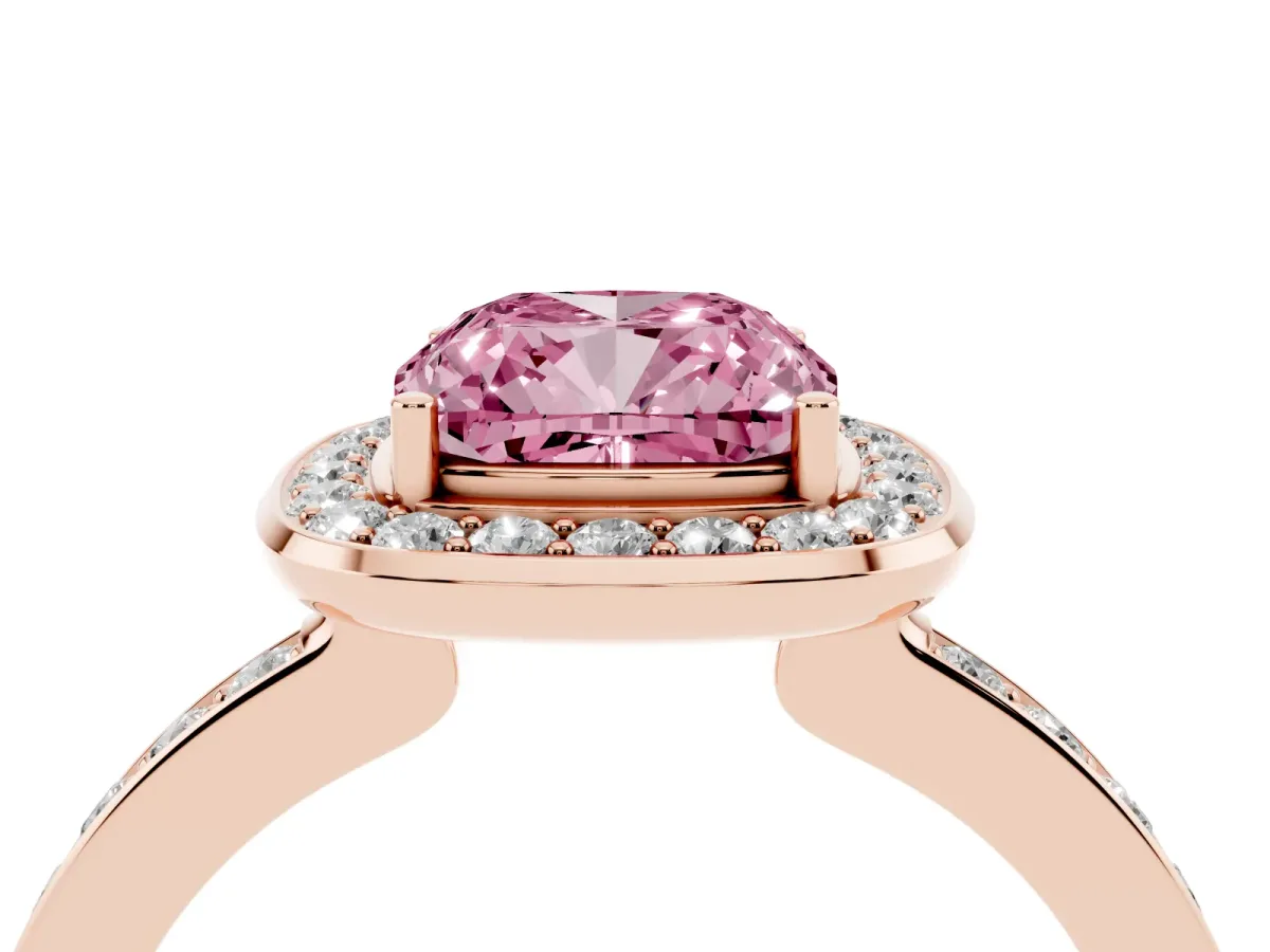 Fancy Pink Cushion Cut Diamond Halo Ring with Bezel Frame and Pavé Band Rose gold