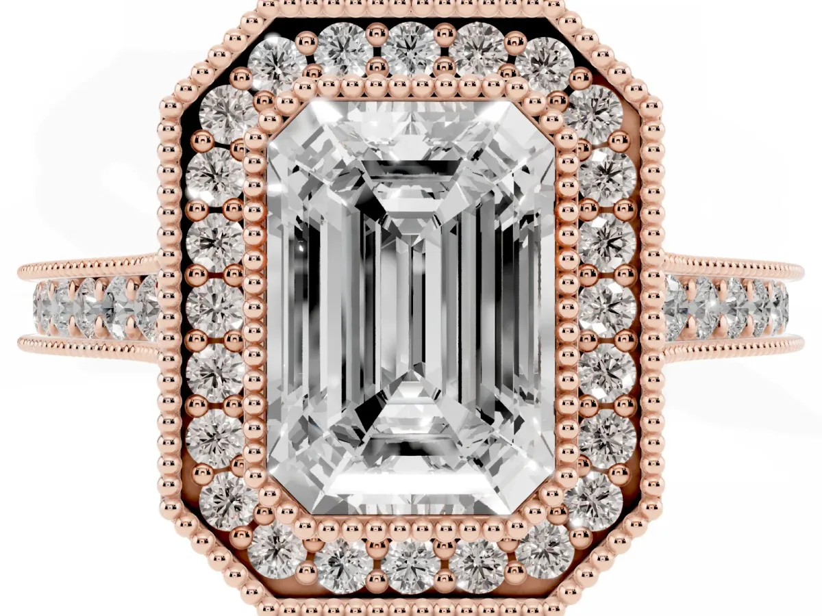 Halo Emerald Cut-Cut Diamond Pave Band Milgrain Prong Setting Ring Rose gold
