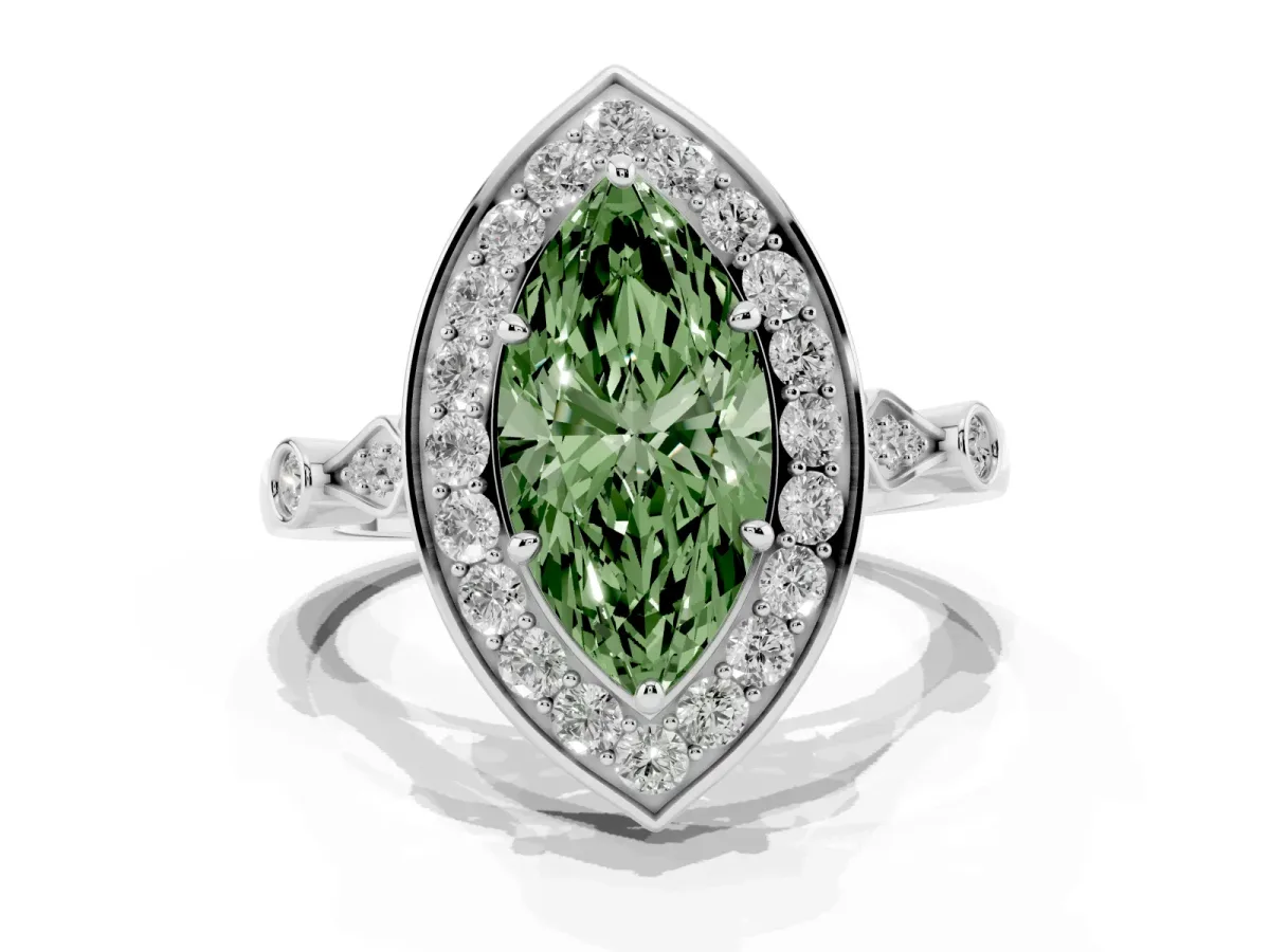 Fancy Green Marquise Cut Halo Diamond Engagement Ring with Twisted Band and Four-Prong Setting Platinum