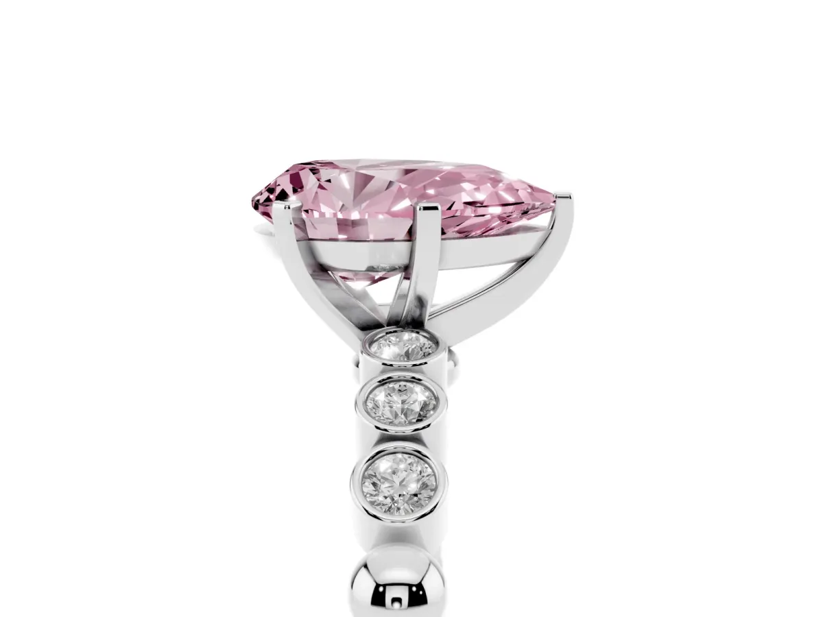 Fancy Pink Pear Cut Solitaire Bezel Accent Diamond Engagement Ring with Beaded Band and Four-Prong Setting Silver