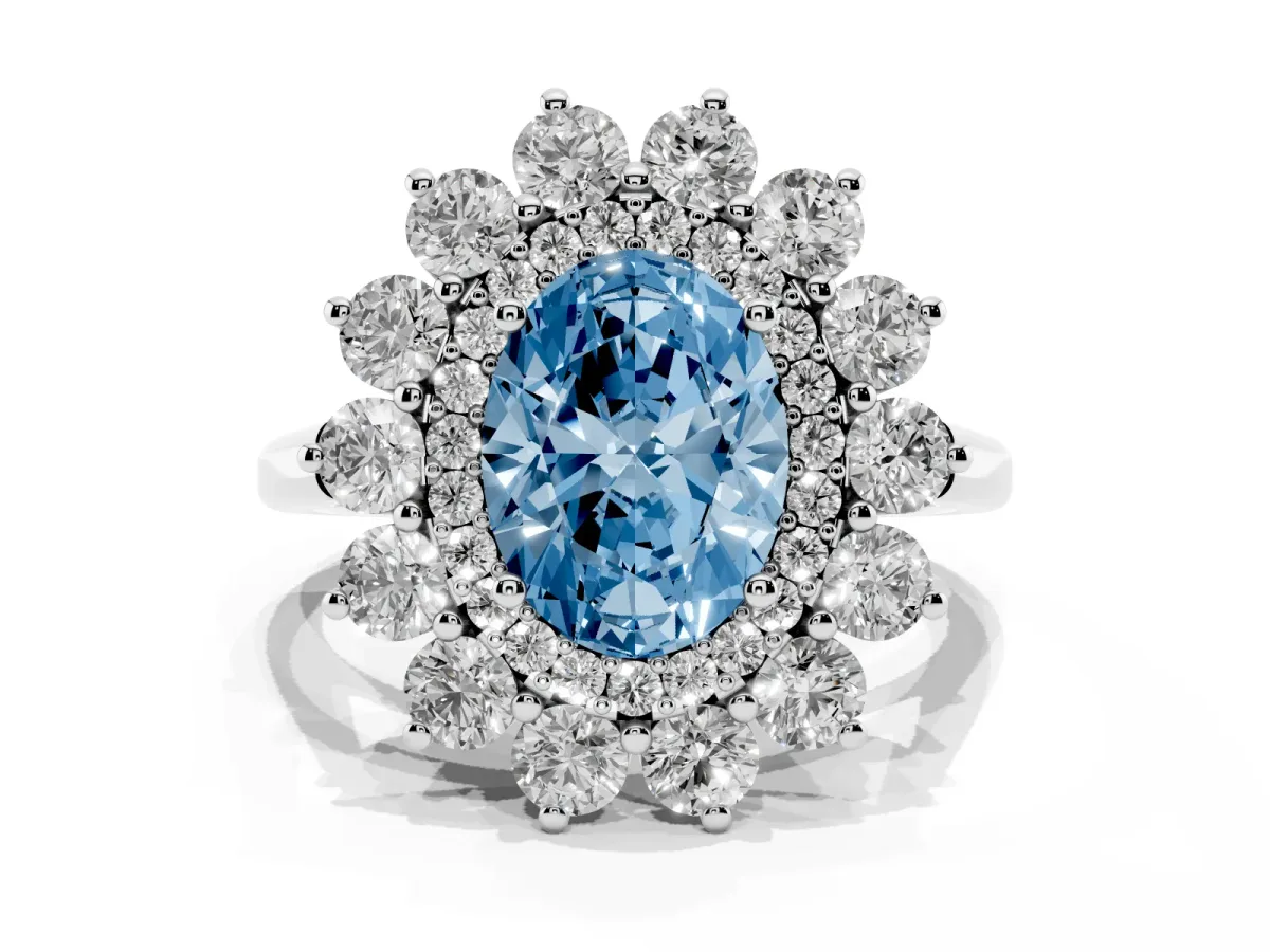 Fancy Blue Oval Cut Diamond Floral Double Halo Engagement Ring with Prong Setting Silver
