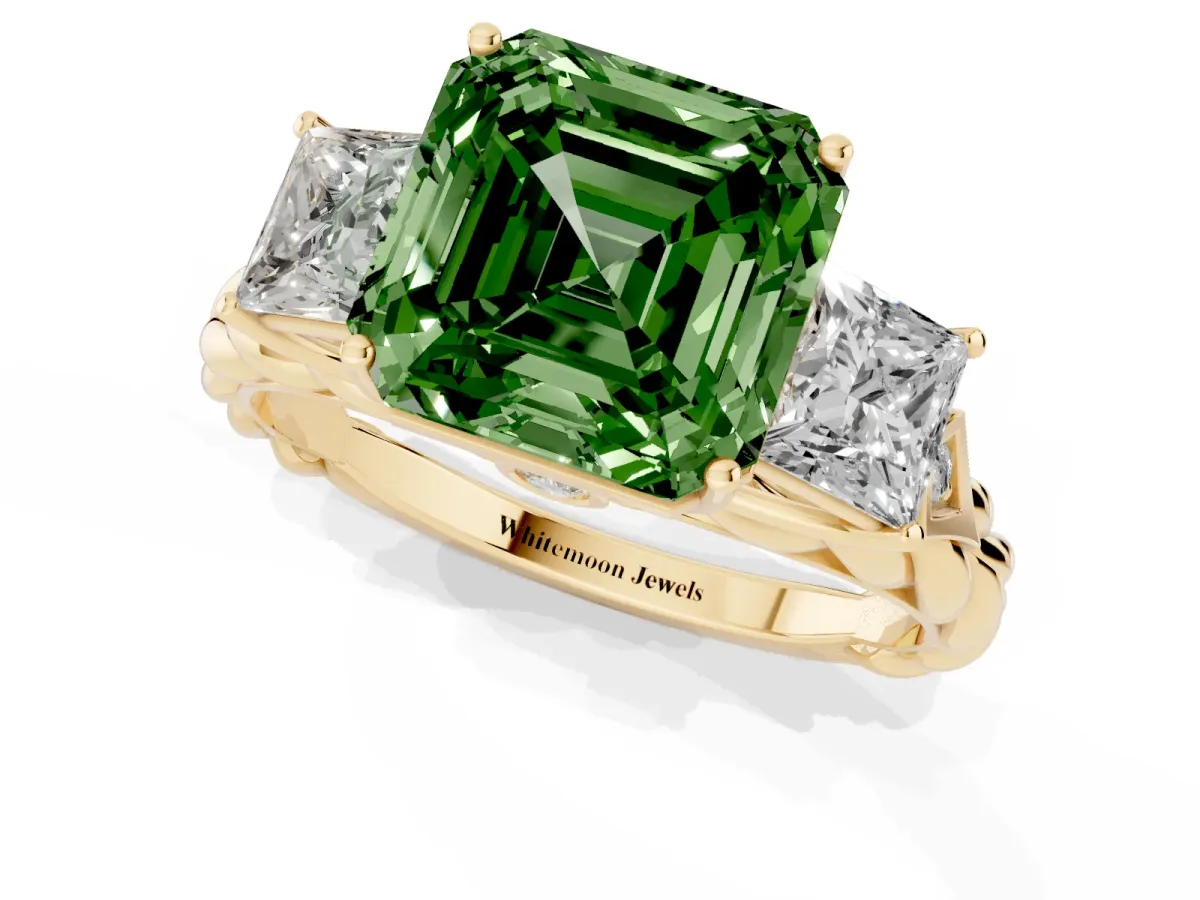 Fancy Green Three-Stone Asscher Cut Diamond Braided Band Ring with Four-Prong Setting Yellow gold