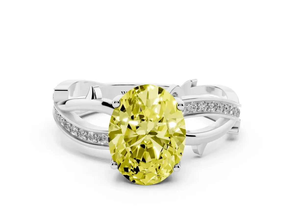 Fancy Yellow Oval Cut Solitaire Twist Band with Pavé Accents and Four-Prong Setting White gold