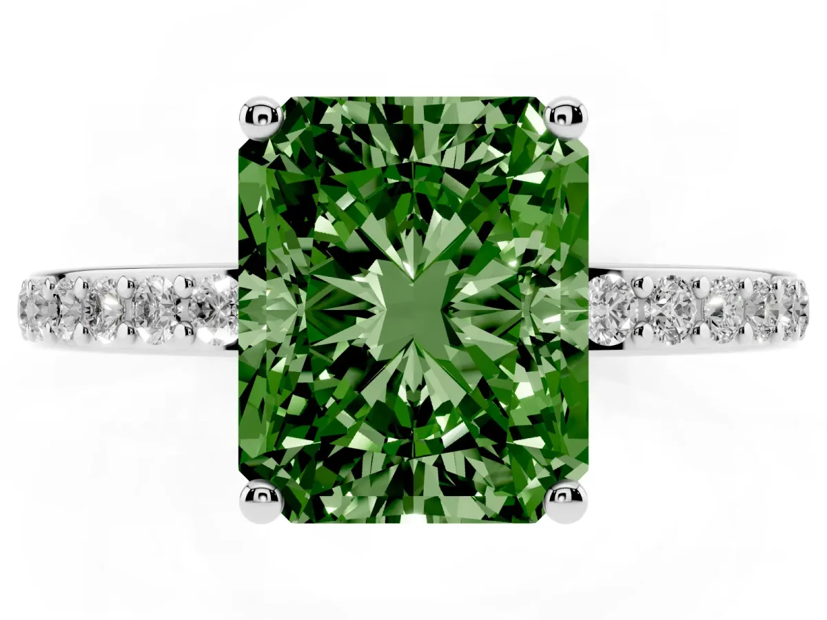 Fancy Green Radiant Cut Cut Diamond Pavé Band Ring with Four-Prong Setting Silver