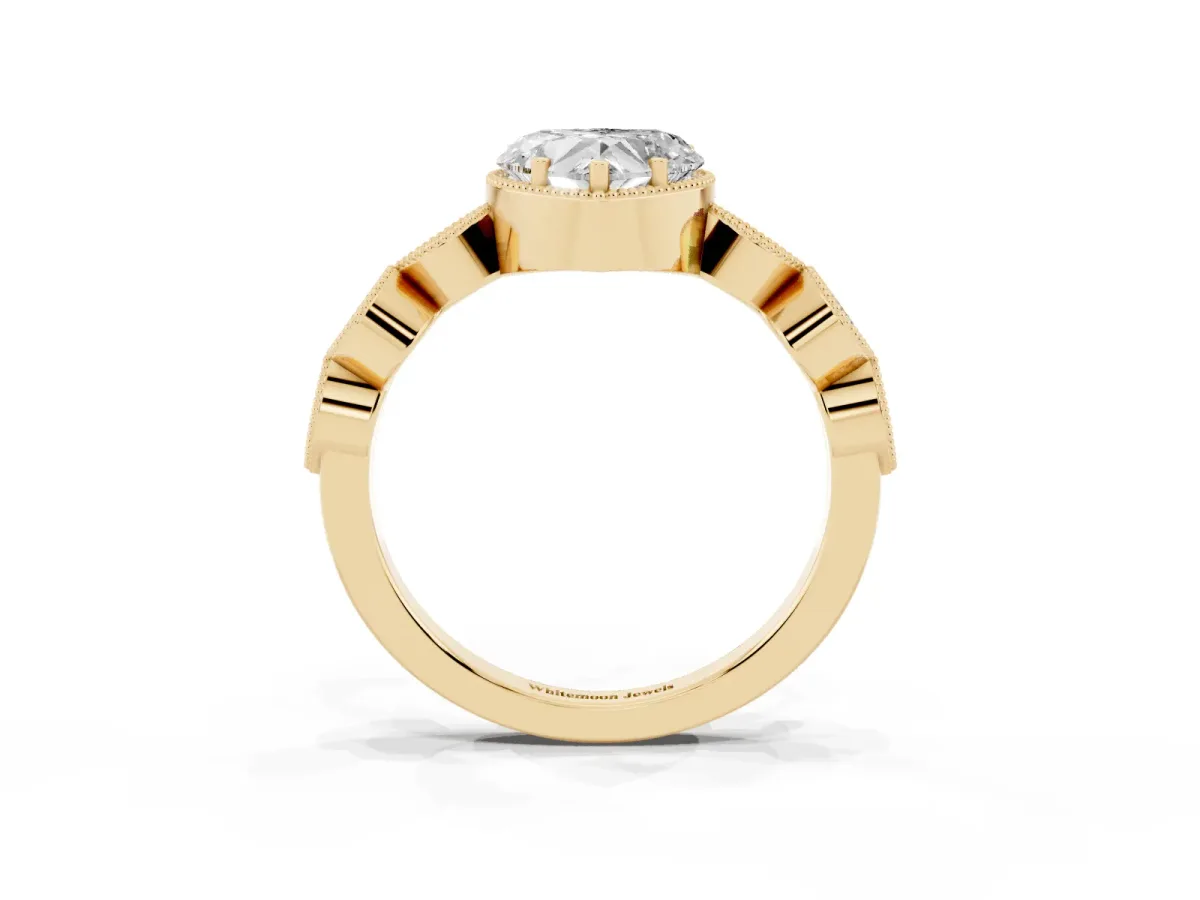 Heart Cut Diamond Vintage Milgrain Ring with Round Stations Yellow gold