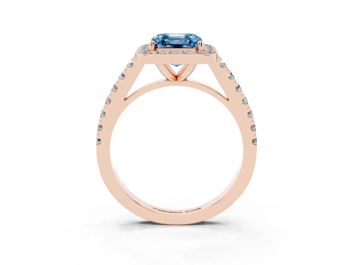 Fancy Blue Asscher Cut Diamond Halo Ring with Round Pavé Split Shank and Prong Setting Rose gold