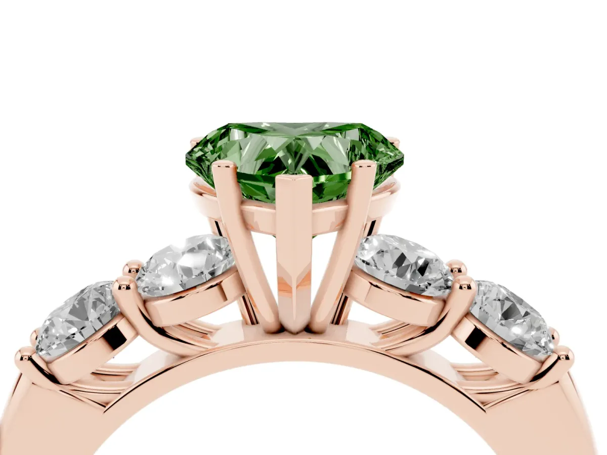 Fancy Green Heart Cut Cut Five-Stone Prong Set Diamond Ring with Classic Band Rose gold