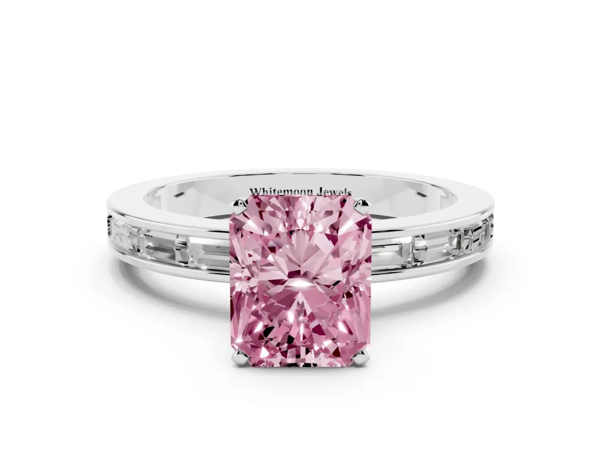 Fancy Pink Radiant Cut Solitaire Diamond Ring with Channel-Set Baguette Band and Four-Prong Setting Silver