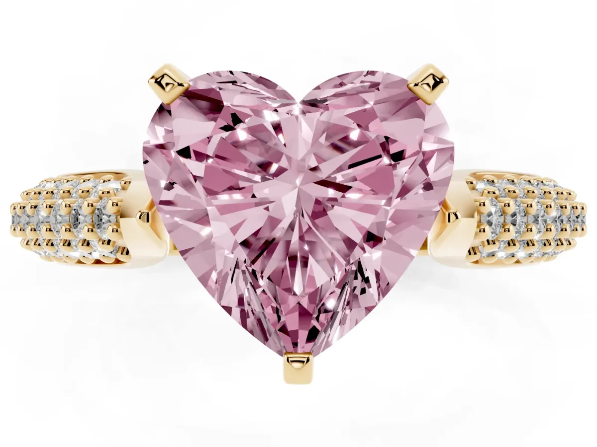 Fancy Pink Heart Cut Diamond Solitaire Engagement Ring with Multi-Row Round Pavé Band and Prong Setting Yellow gold