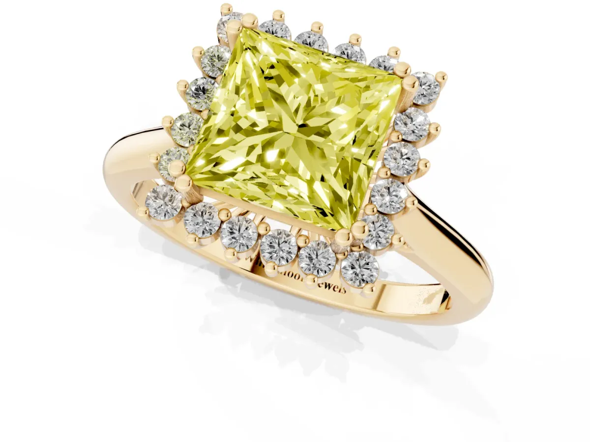 Fancy Yellow Princess Cut Cut Diamond Halo Ring with Solitaire Band and Prong Setting Yellow gold