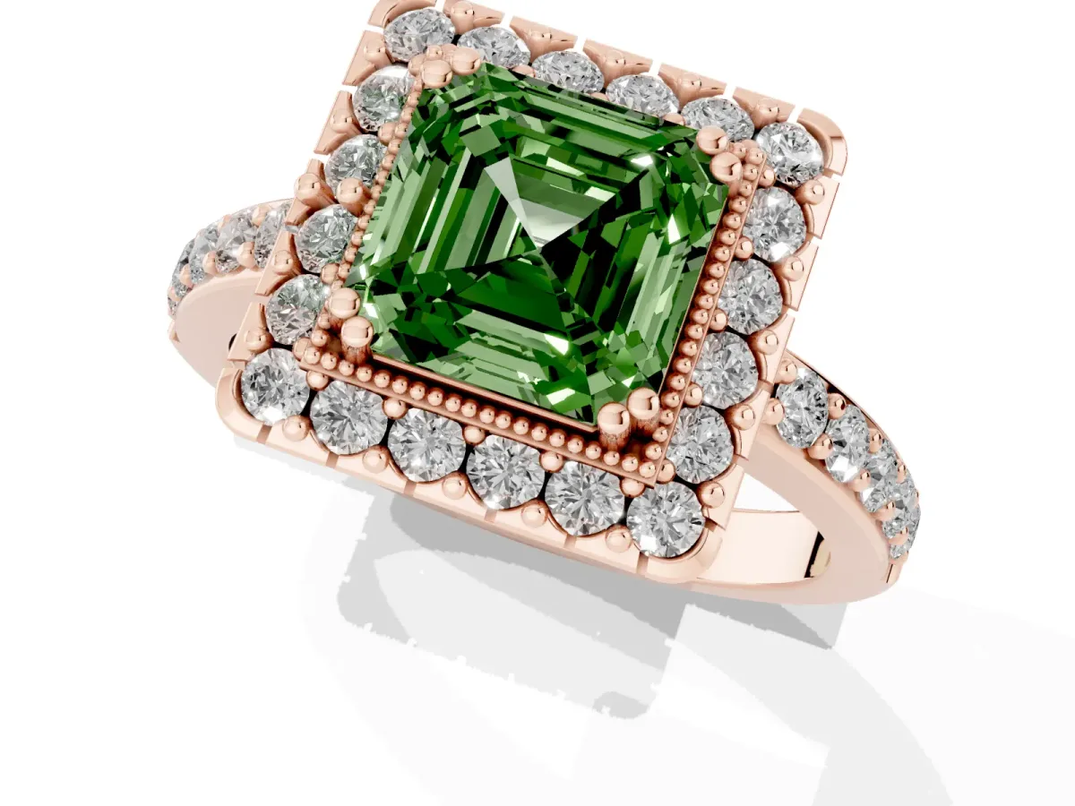 Fancy Green Asscher Cut Diamond Halo Ring with Pavé Band and Prong Setting Rose gold