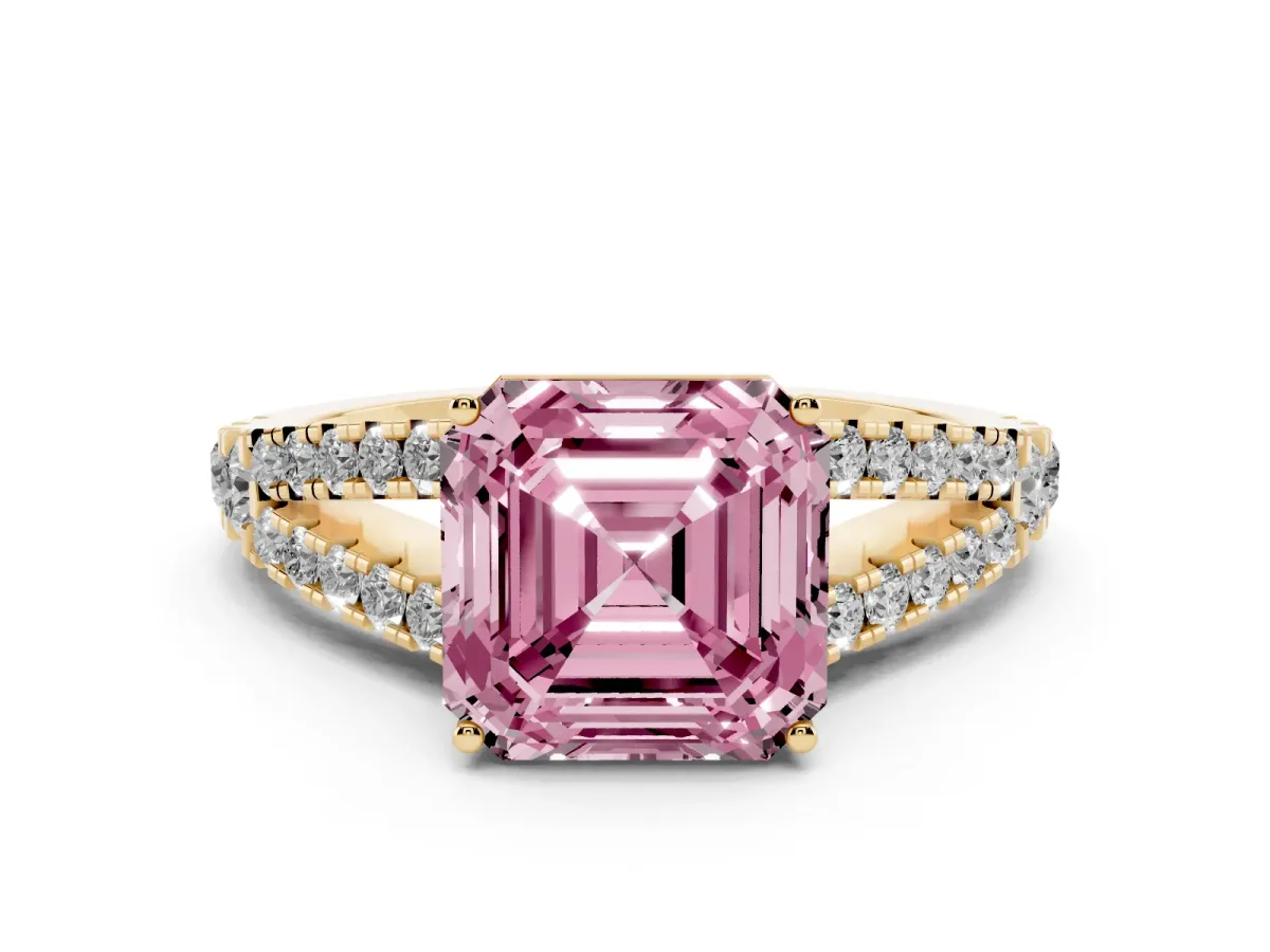 Fancy Pink Asscher Cut Diamond Split Shank Engagement Ring with Round Pavé and Prong Setting Yellow gold