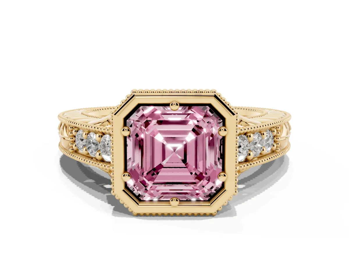 Fancy Pink Bezel Set Asscher Cut Diamond Milgrain Pave Engagement Ring Yellow gold