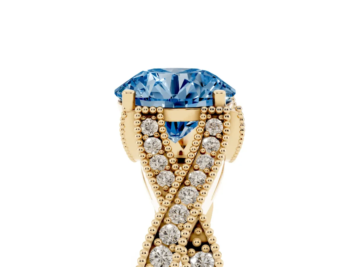 Fancy Blue Round Cut Cut Diamond Twisted Band with Milgrain Pave Setting and Four-Prong Setting Yellow gold