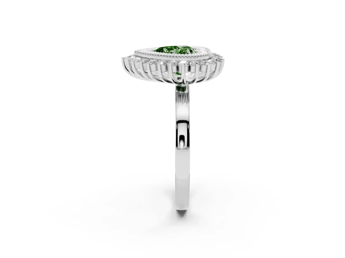 Fancy Green Heart Cut Halo Diamond Ring with Milgrain Edge and Round Prong Setting Silver