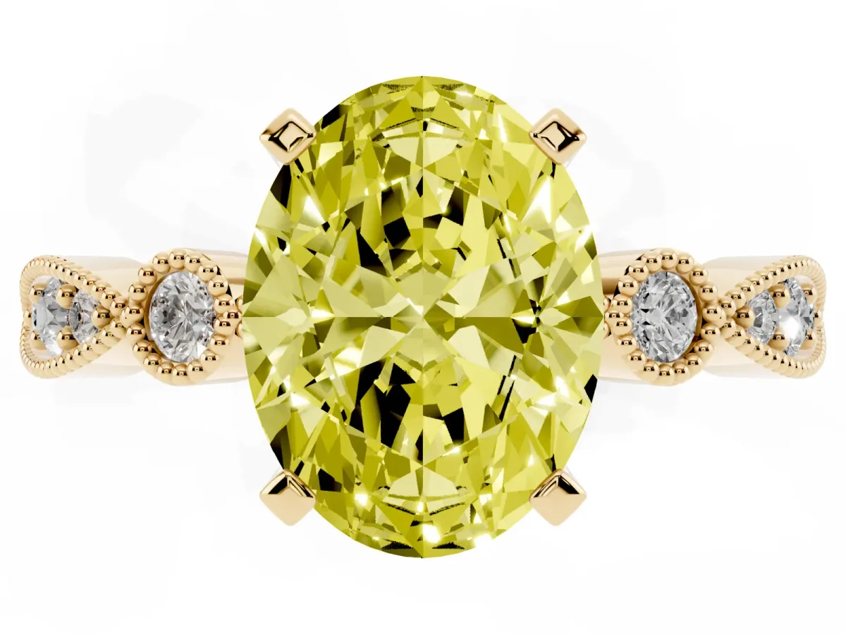 Fancy Yellow Oval Cut Milgrain Bezel Diamond Engagement Ring with Solitaire Prong Setting Yellow gold