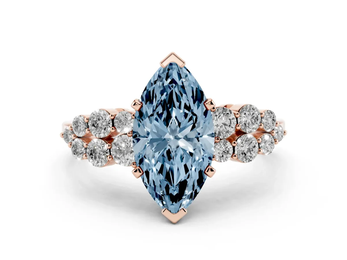 Fancy Blue Marquise Cut Cluster Diamond Engagement Ring with Pavé Band and Four-Prong Setting Rose gold