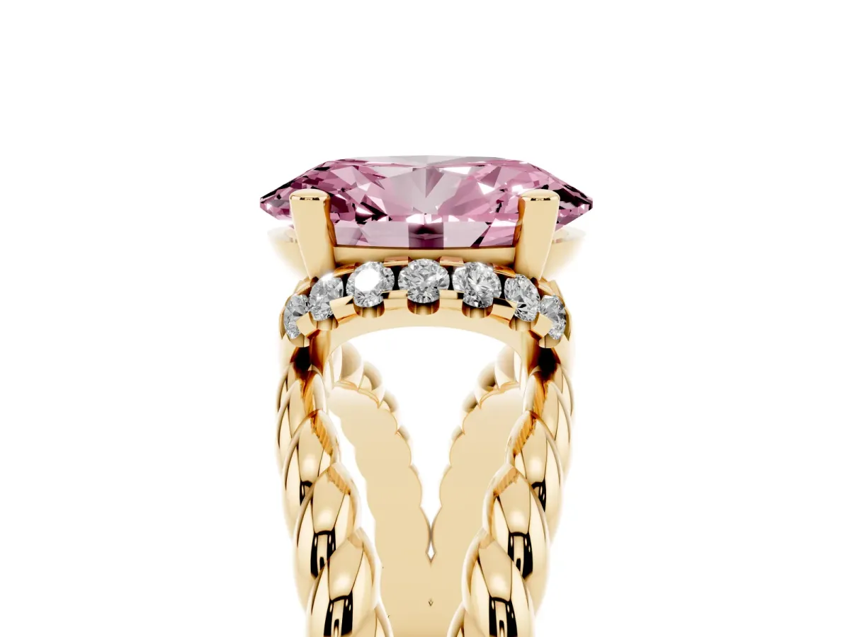 Fancy Pink Oval Cut Halo Twisted Band Four-Prong Ring Yellow gold