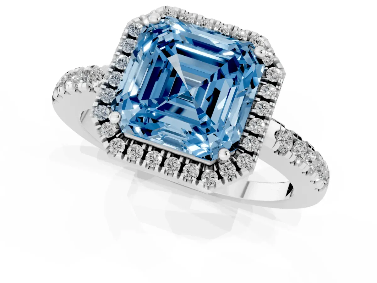 Fancy Blue Asscher Cut Halo Diamond Engagement Ring with Pavé Band and Four-Prong Setting Platinum