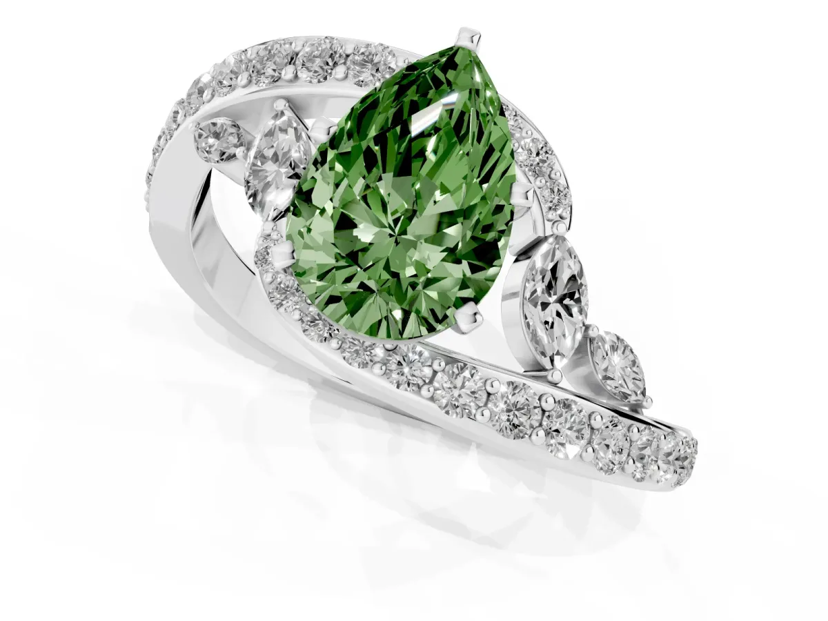 Fancy Green Pear Cut Solitaire with Pavé Twist Band and Four-Prong Setting Silver