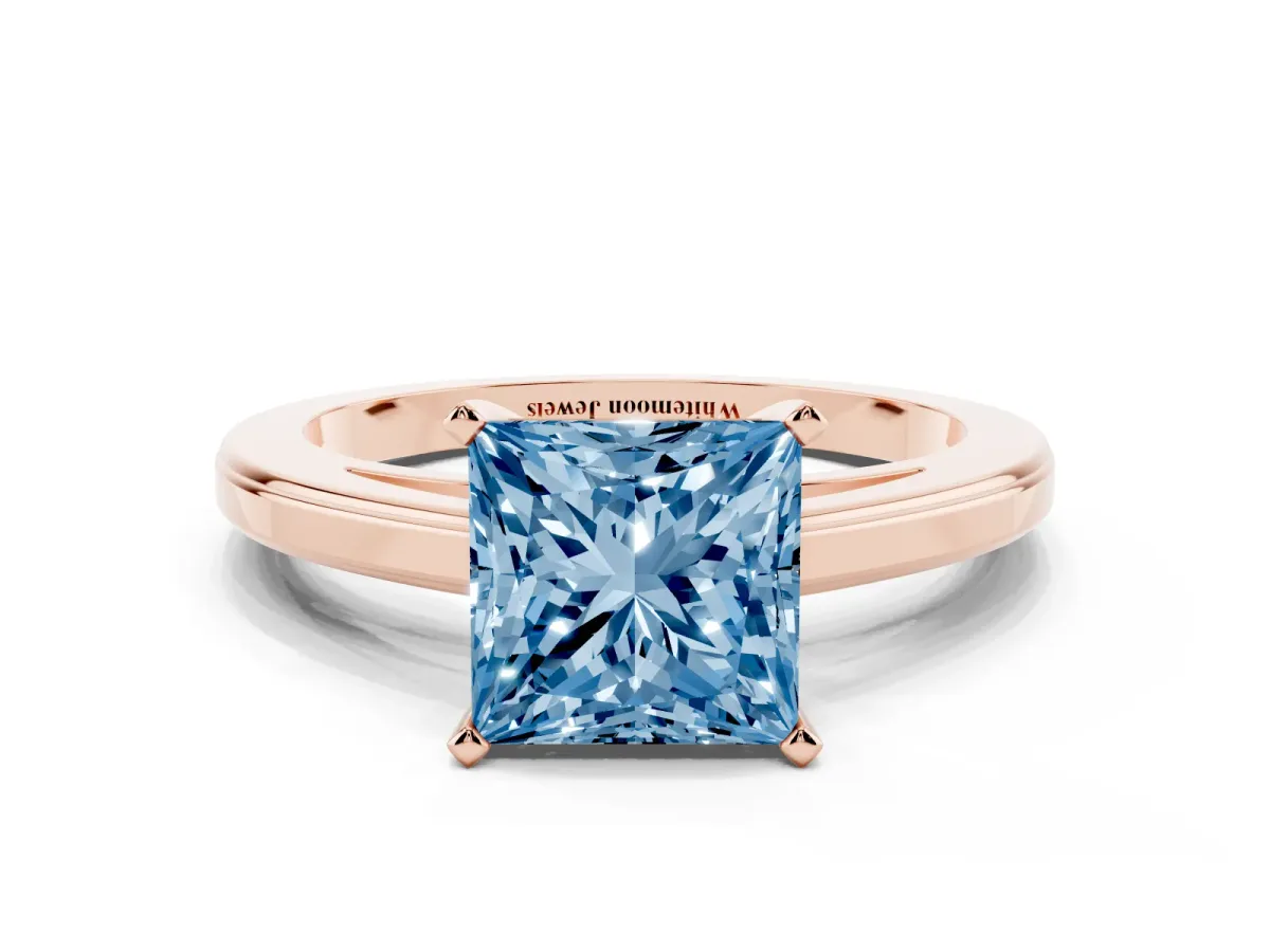 Fancy Blue Princess Cut Solitaire Diamond Ring with Four-Prong Setting and Classic Band Rose gold